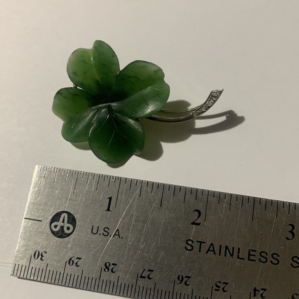 Rere Hard to find Jade Clover Leaf Brooch  Stamped 585 - Picture 9 of 14
